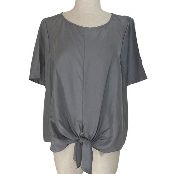 Tibi gray silk tie front top, womens 12 round neck short sleeve tie front blouse - Picture 1 of 8